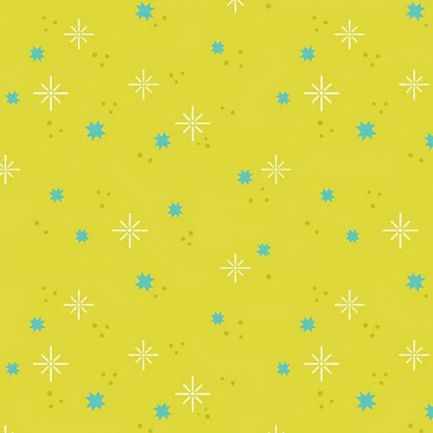 Pattern of aqua stars and olive-green dots on a yellow-green background