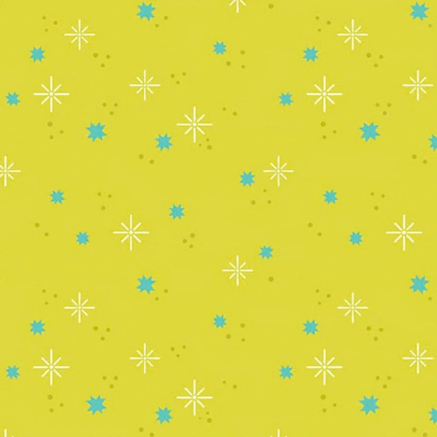 Pattern of aqua stars and olive-green dots on a yellow-green background