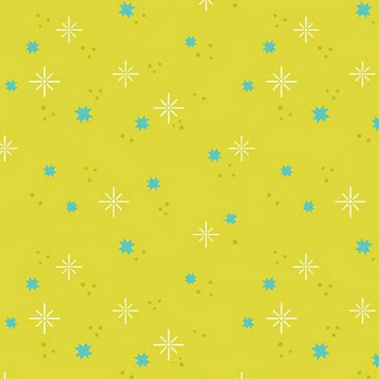 Pattern of aqua stars and olive-green dots on a yellow-green background