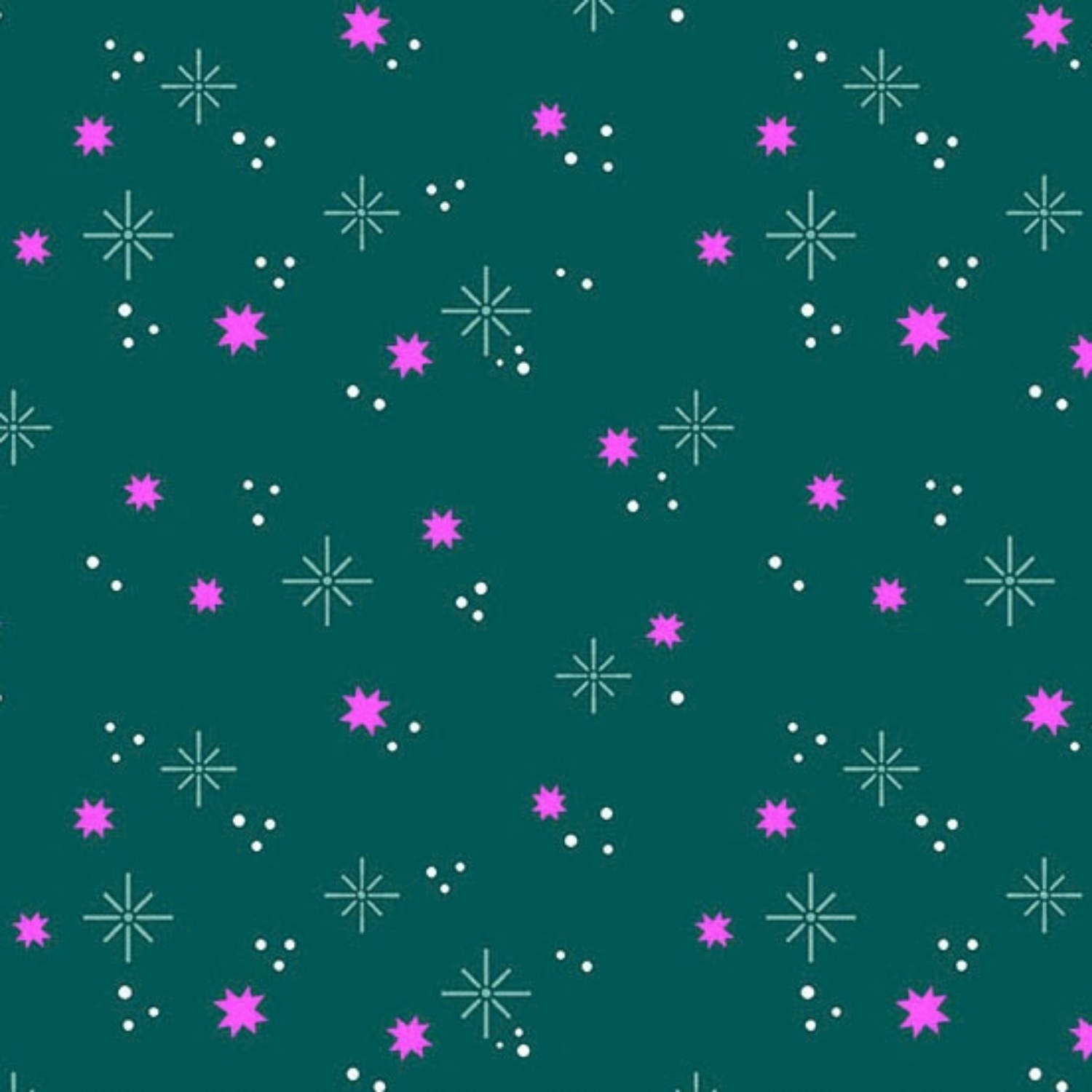 Pattern of pink stars and white dots on a teal background