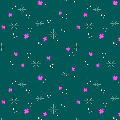 Pattern of pink stars and white dots on a teal background