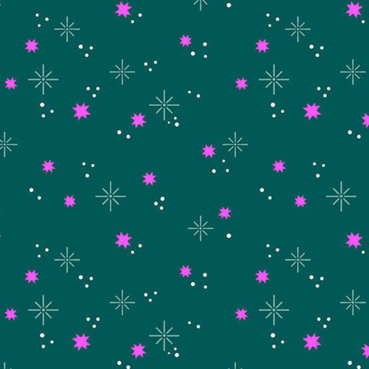 Pattern of pink stars and white dots on a teal background
