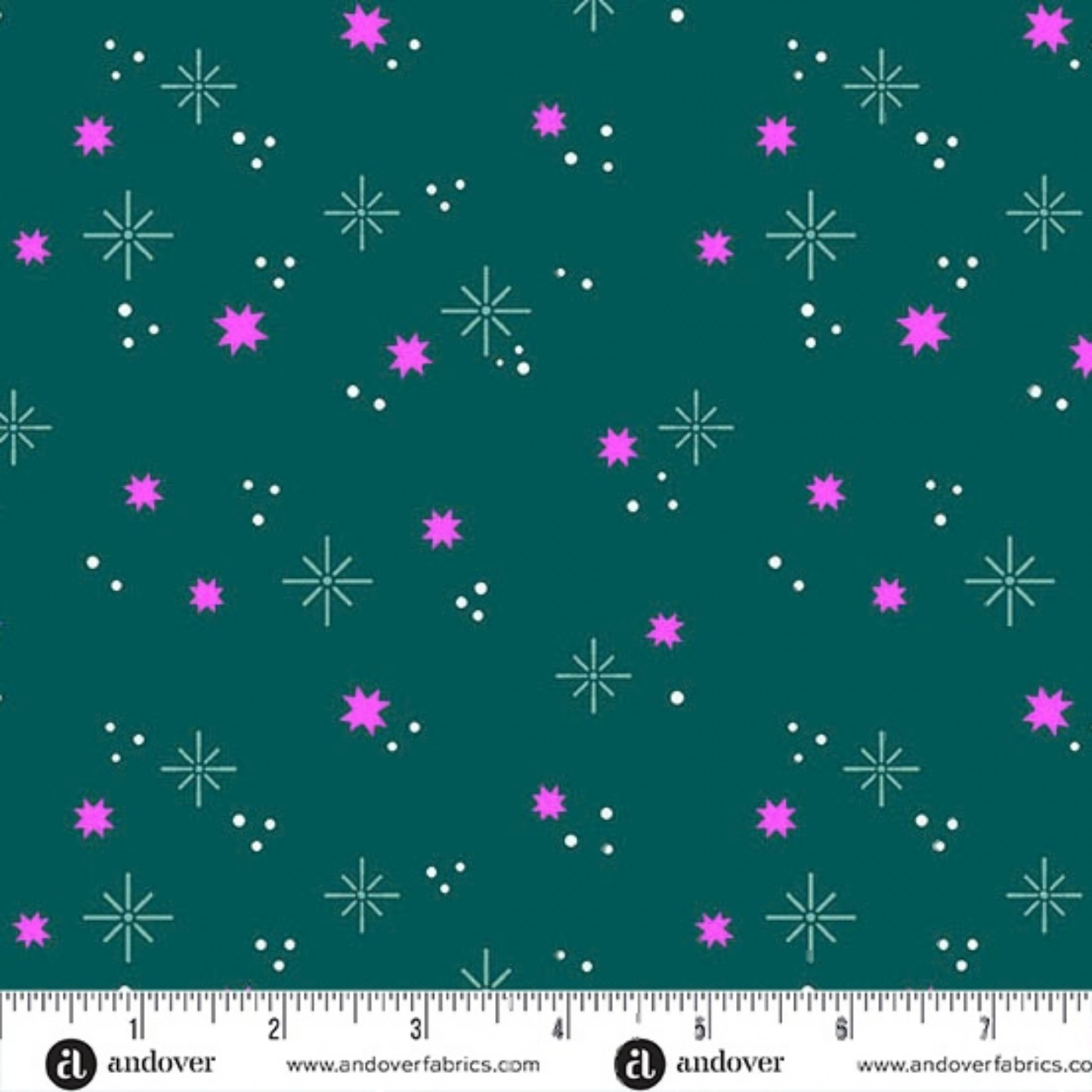 Pattern of pink stars and white dots on a teal background with a ruler for scale