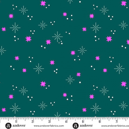 Pattern of pink stars and white dots on a teal background with a ruler for scale