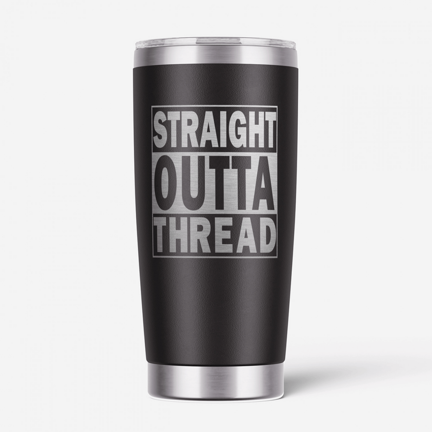 This Straight Outta Thread Tumbler is a fantastic way to show off your cool, crafty style and great sense of humor. This laser engraved, 20 oz black and silver tumbler has double walls and a vacuum seal to keep your favorite drinks cold or hot for hours on end. 