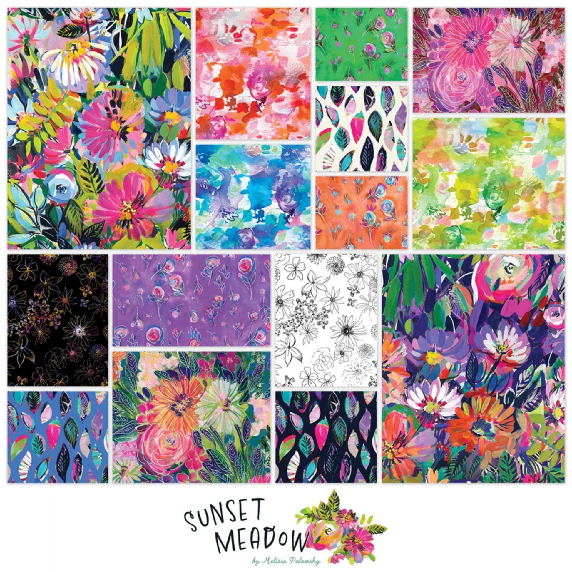Collage of colorful floral patterns with 'Sunset Meadow' branding at the bottom.