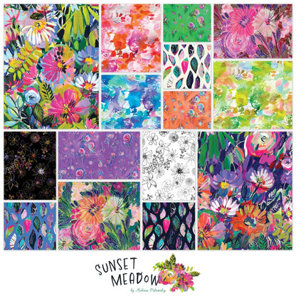 Collage of colorful floral patterns with 'Sunset Meadow' branding at the bottom.