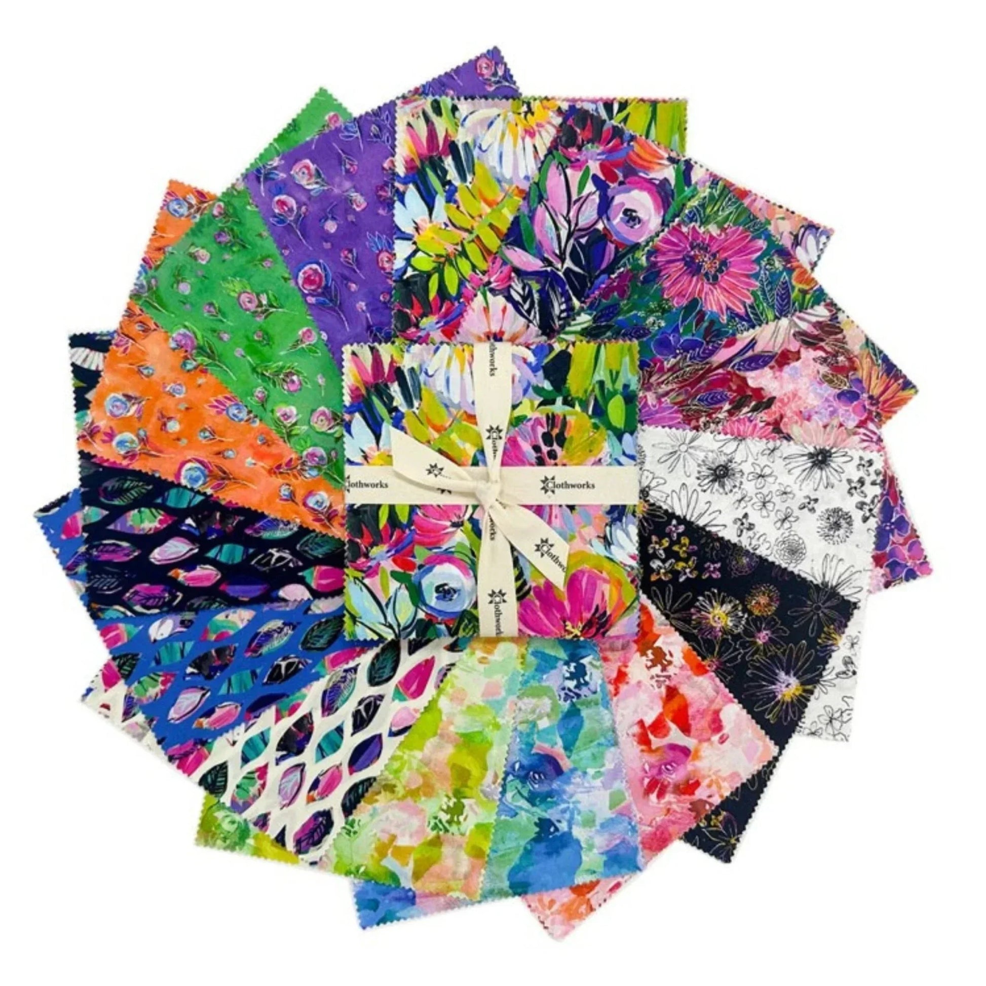 Collection of colorful fabric swatches arranged in a circular pattern on a white background.