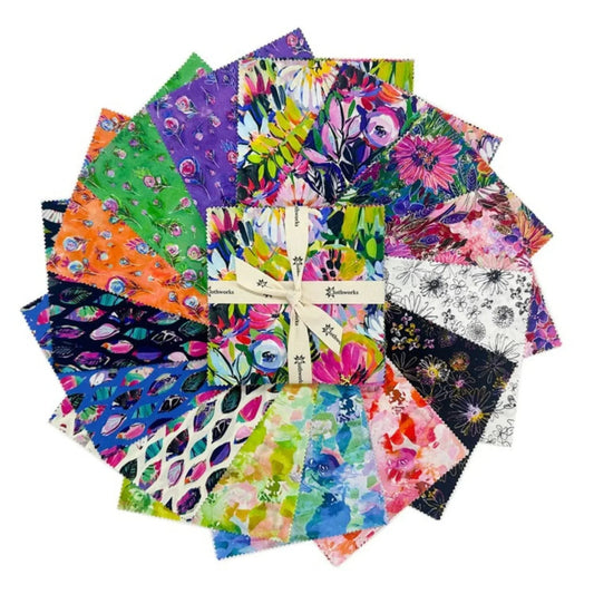 Collection of colorful fabric swatches arranged in a circular pattern on a white background.