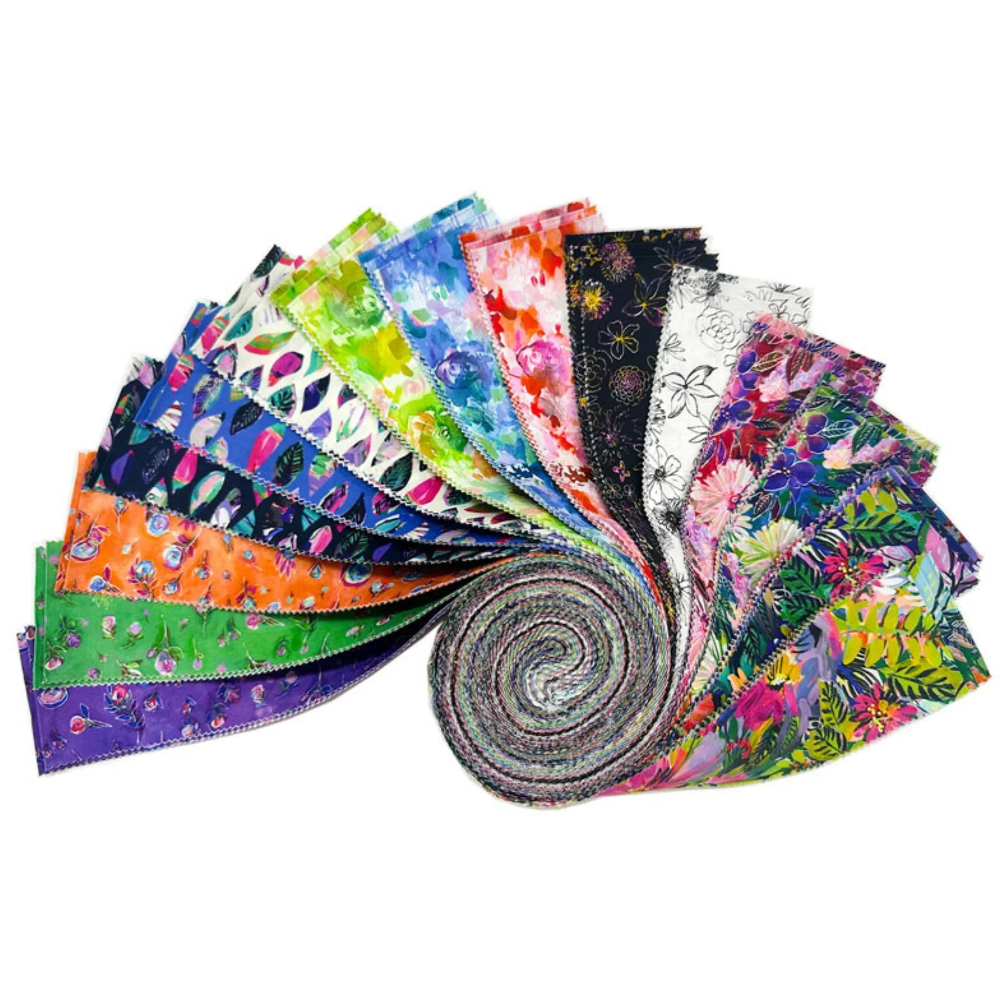 Collection of colorful fabric swatches arranged in a fan-like pattern on a white background.