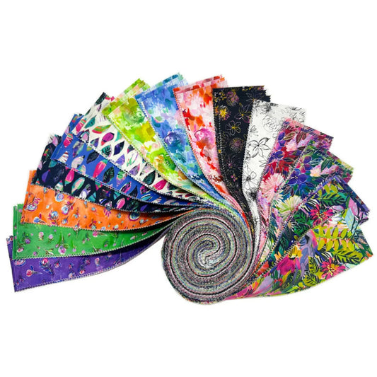 Collection of colorful fabric swatches arranged in a fan-like pattern on a white background.