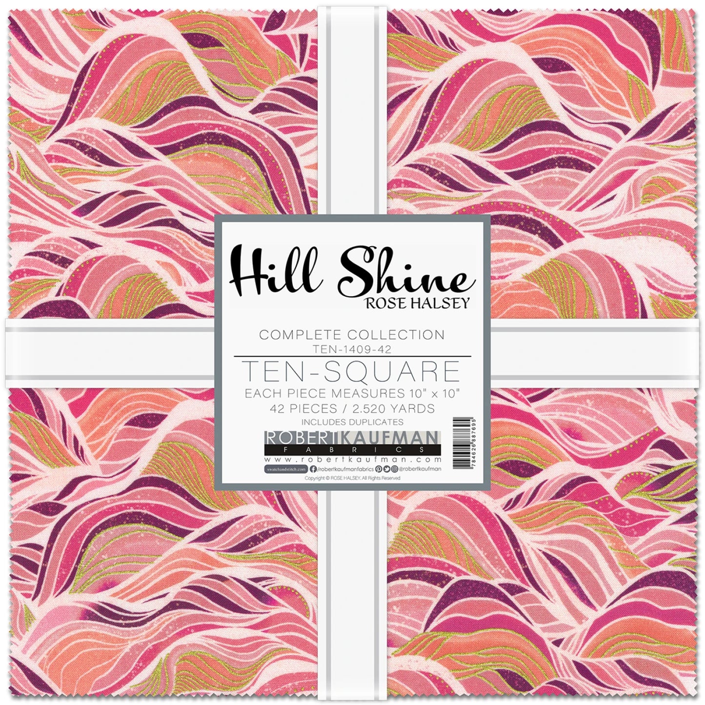 Pack of Robert Kaufman 10" fabric squares with pink and purple wave pattern and 'Hill Shine' branding.