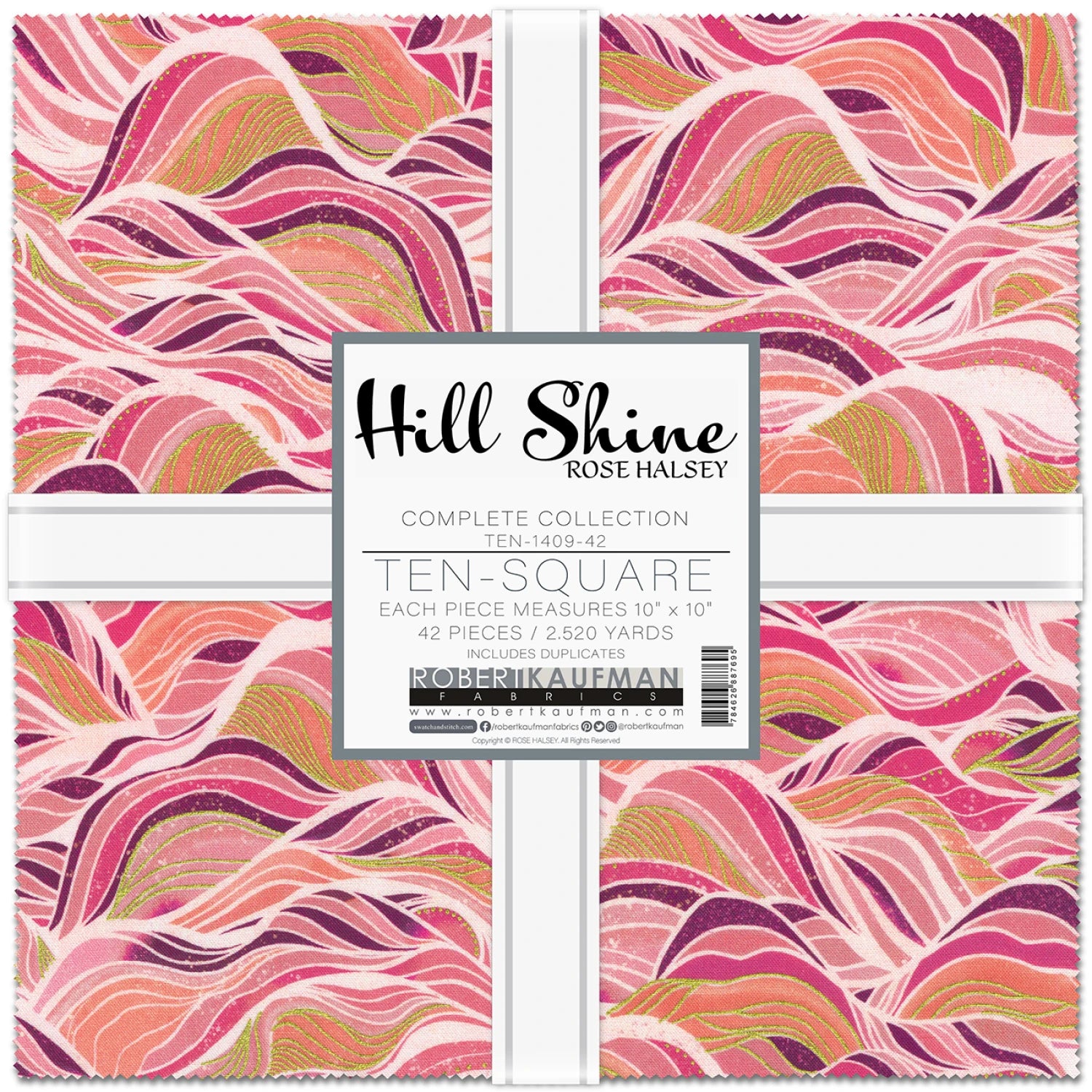 Pack of Robert Kaufman 10" fabric squares with pink and purple wave pattern and 'Hill Shine' branding.