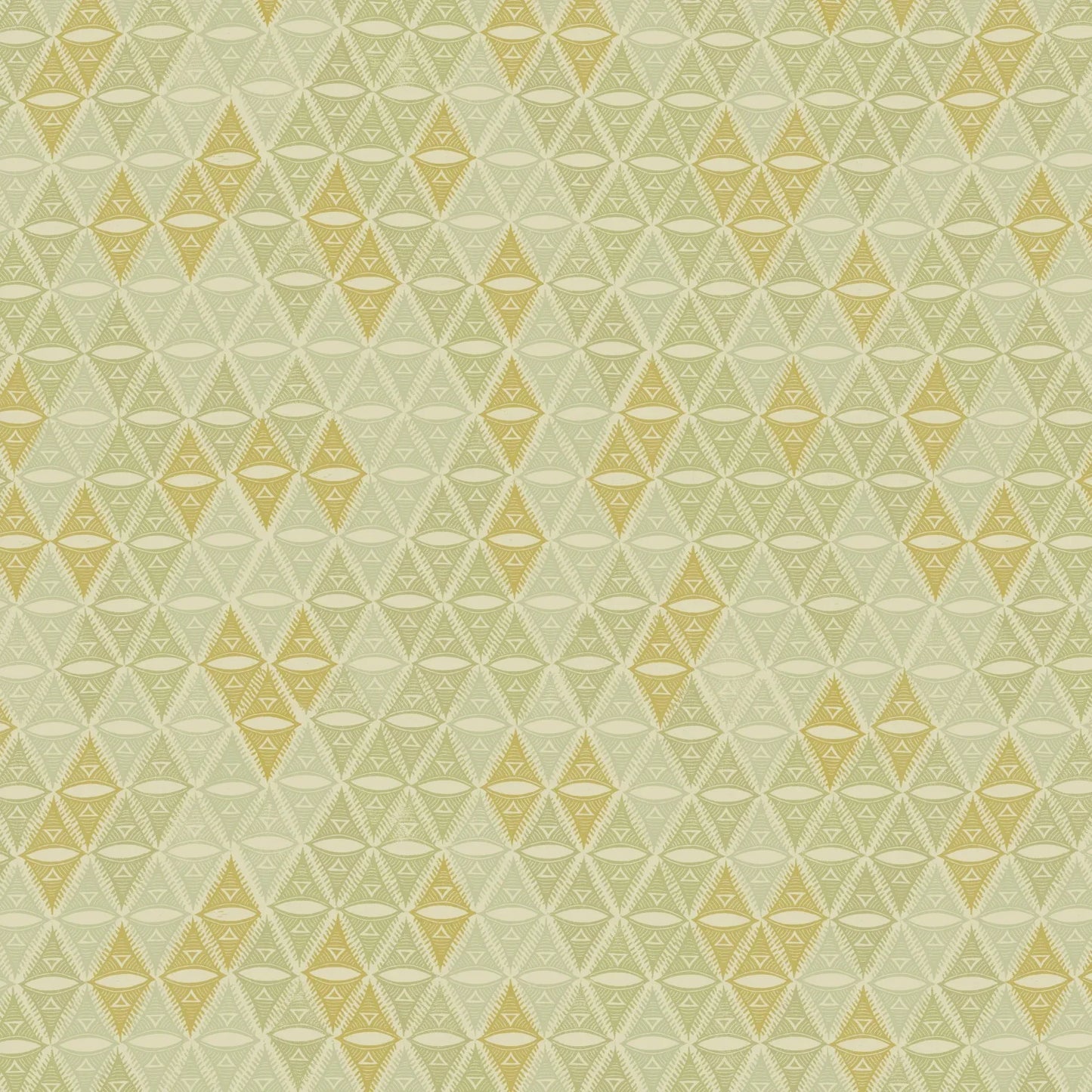 A repeating, triangular motif rendered in gold, beige, and soft sage green.