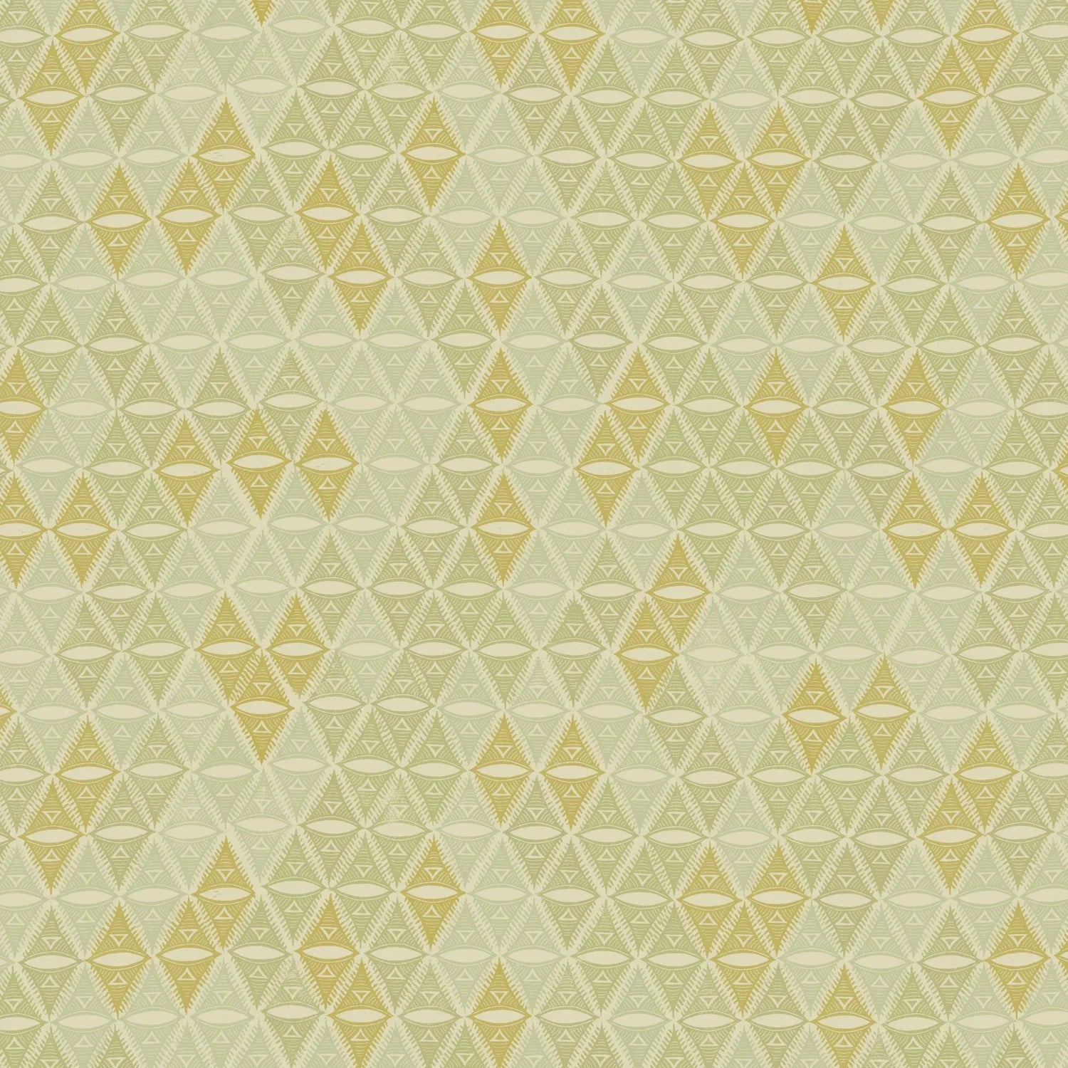 A repeating, triangular motif rendered in gold, beige, and soft sage green.