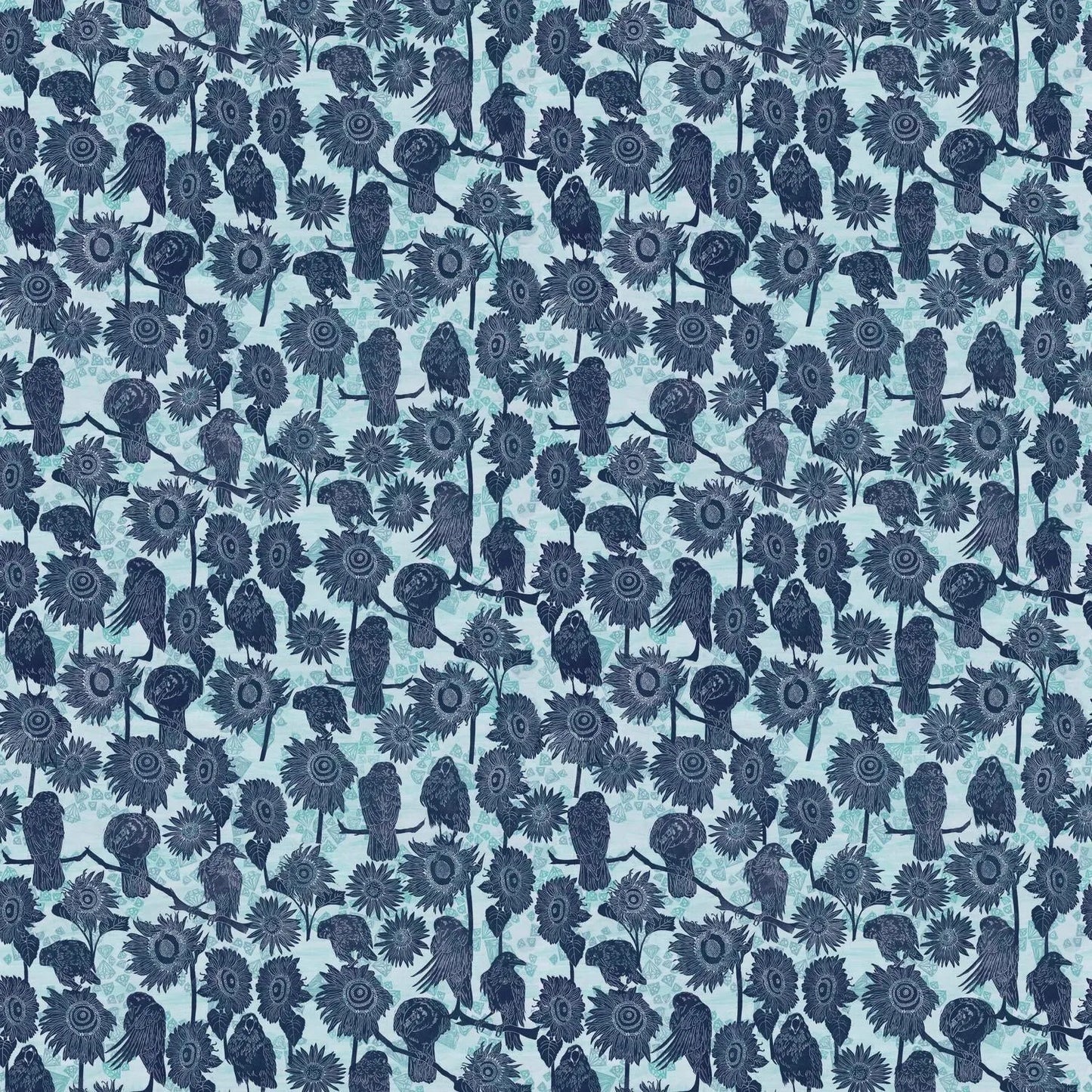 Pattern of navy blue birds and sunflowers on a powder blue background