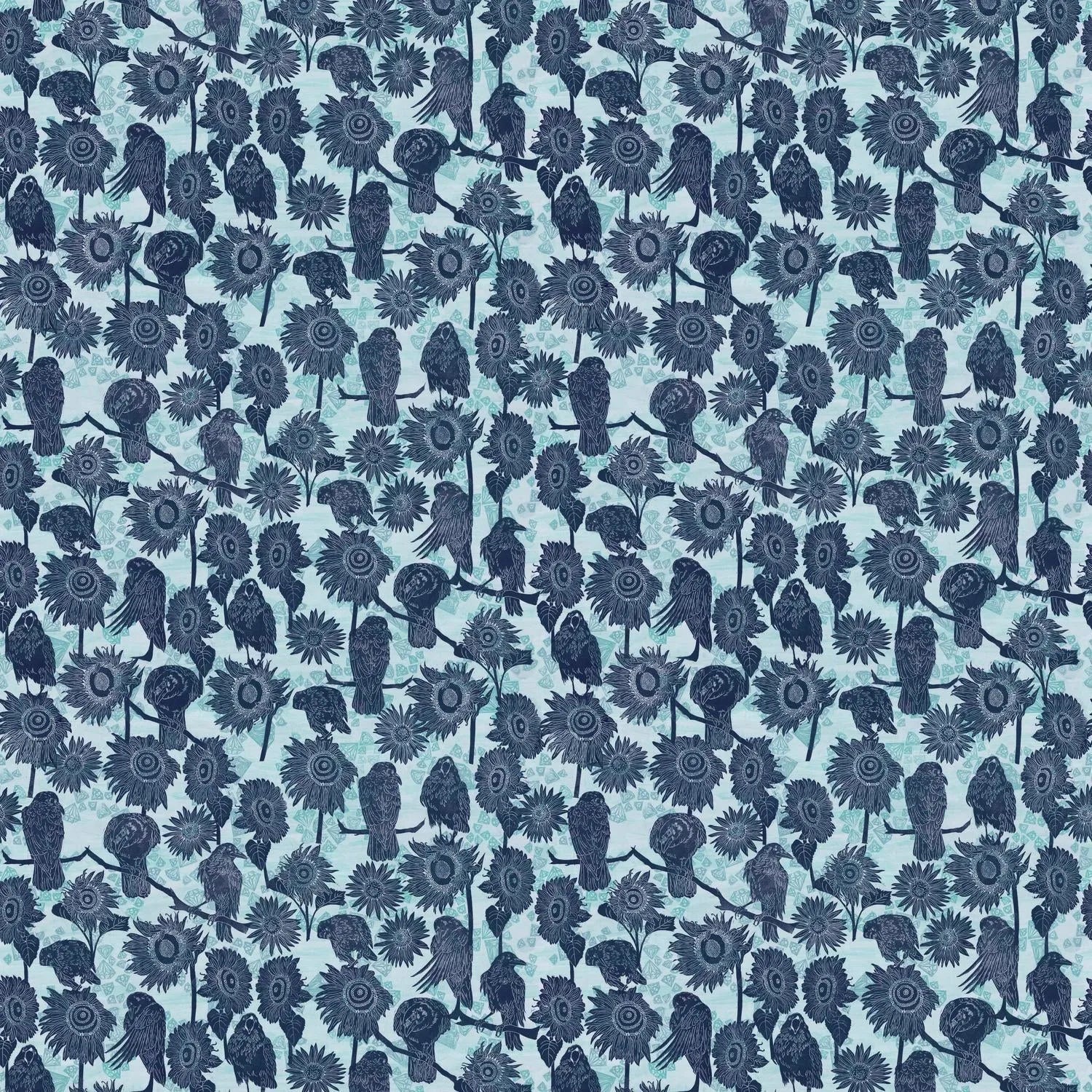 Pattern of navy blue birds and sunflowers on a powder blue background