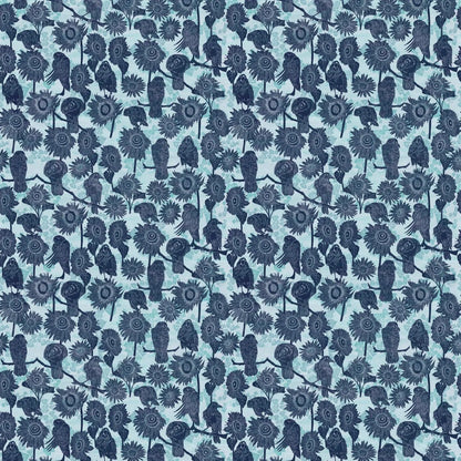 Pattern of navy blue birds and sunflowers on a powder blue background