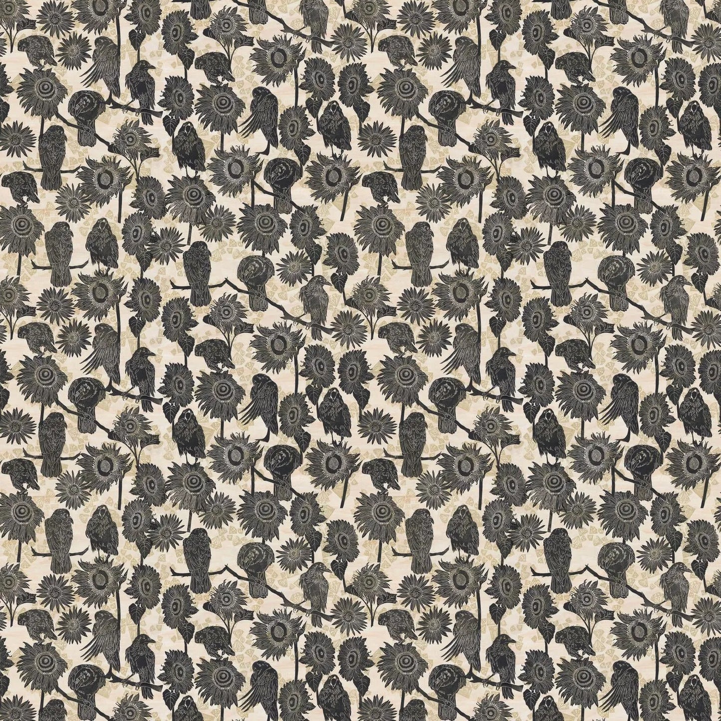 Pattern of black crows and sunflowers on a soft beige background