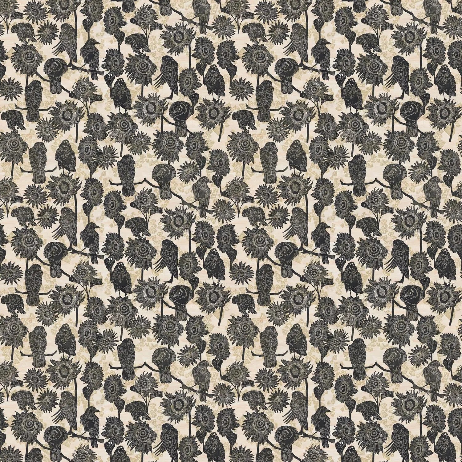 Pattern of black crows and sunflowers on a soft beige background