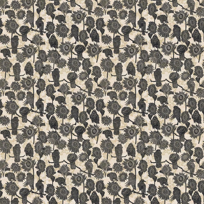 Pattern of black crows and sunflowers on a soft beige background