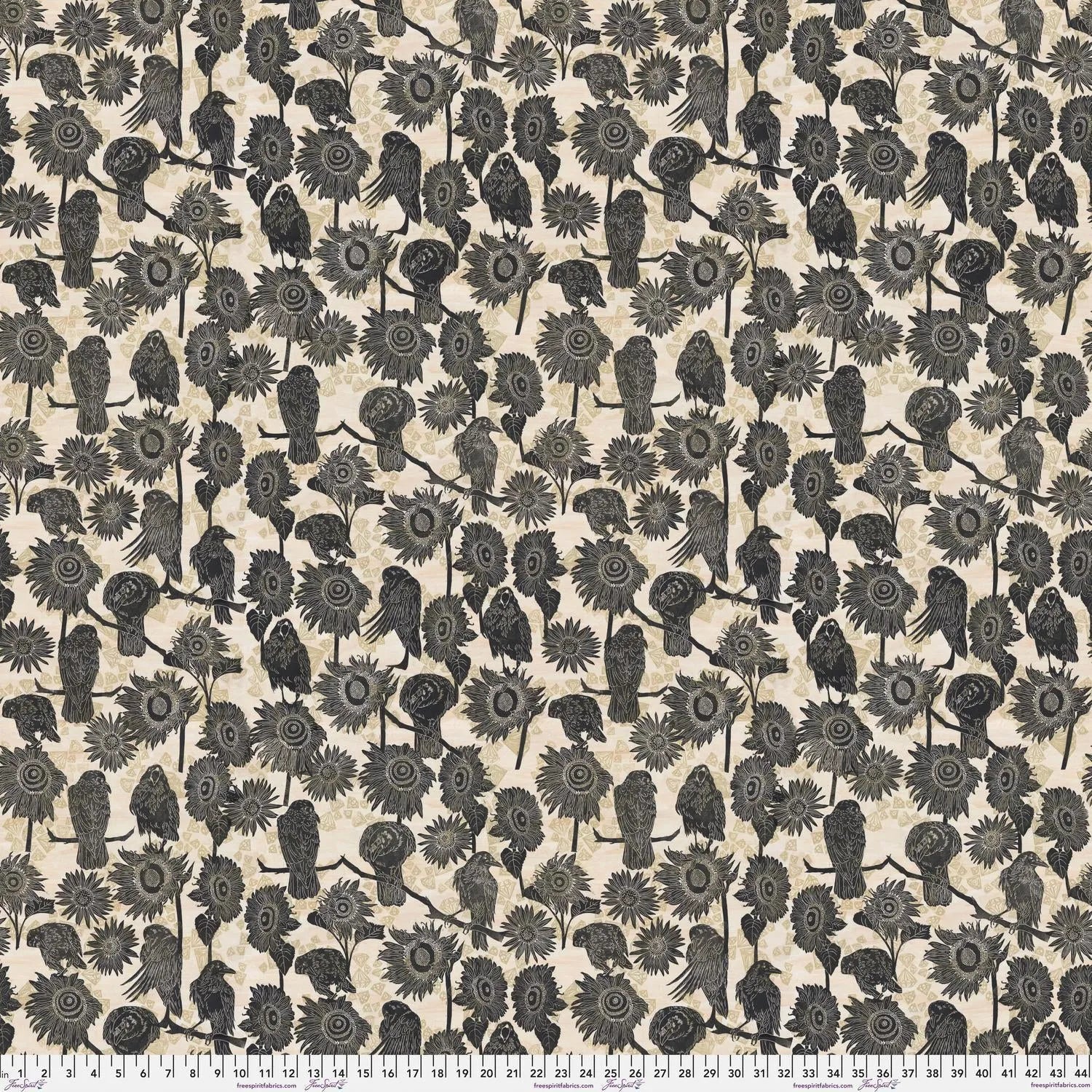 Pattern of black crows and sunflowers on a soft beige background with a ruler for scale