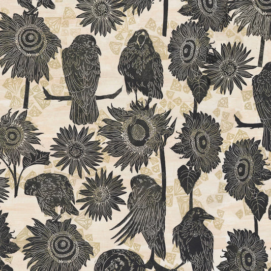 Pattern of black crows and sunflowers on a soft beige background