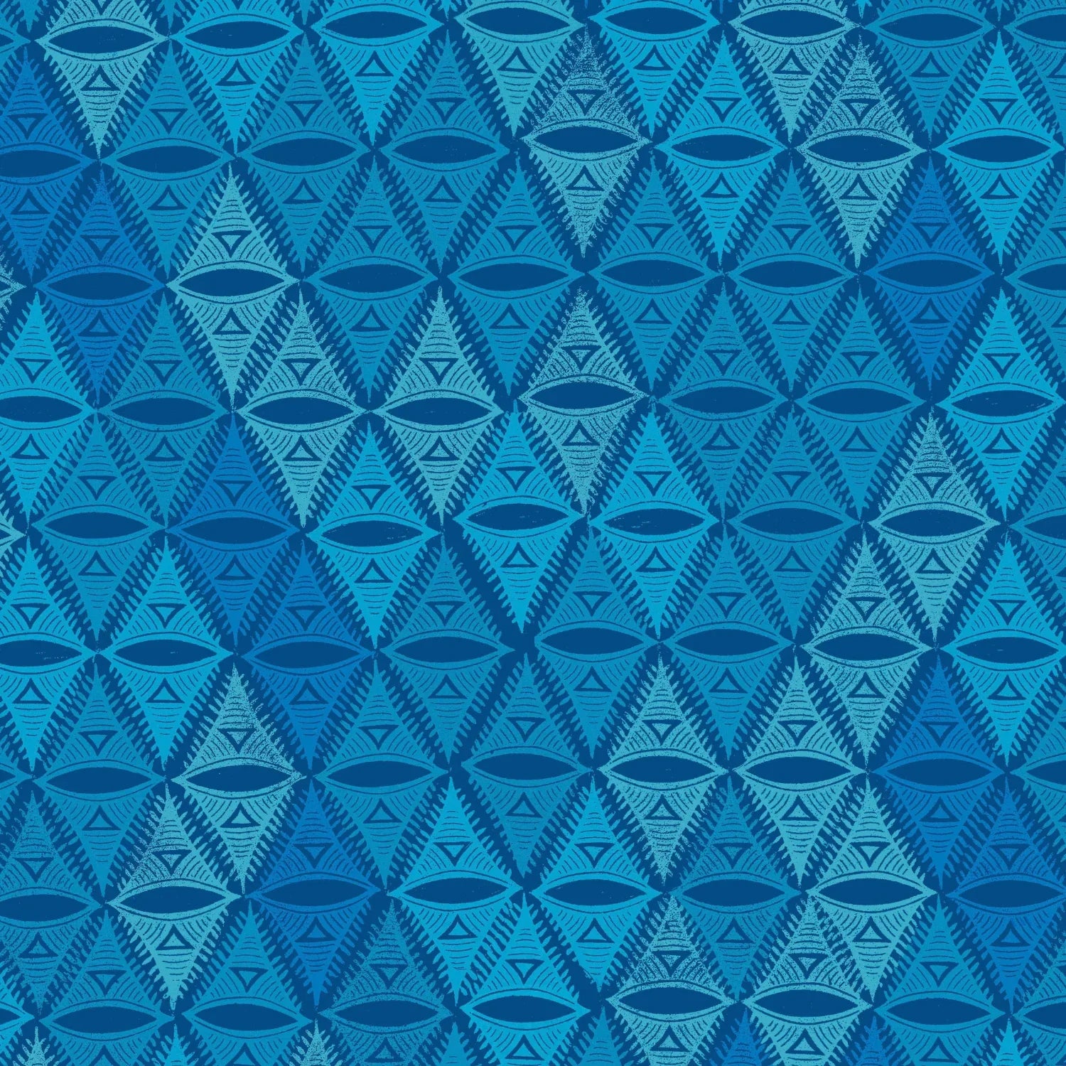 Repeating, triangular motif rendered in aqua, navy, and soft turquoise.