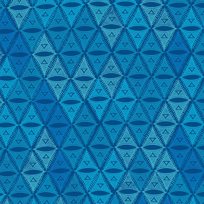 Repeating, triangular motif rendered in aqua, navy, and soft turquoise.