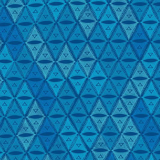 Repeating, triangular motif rendered in aqua, navy, and soft turquoise.