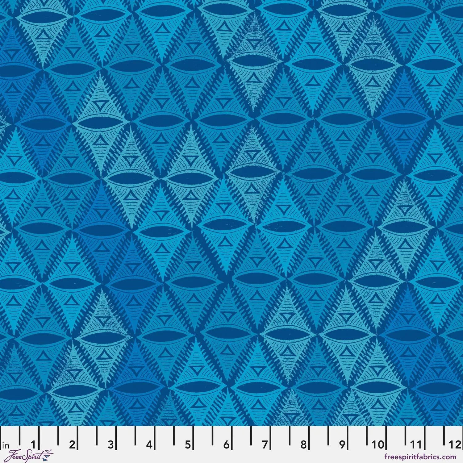 Repeating, triangular motif rendered in aqua, navy, and soft turquoise with a ruler for scale.