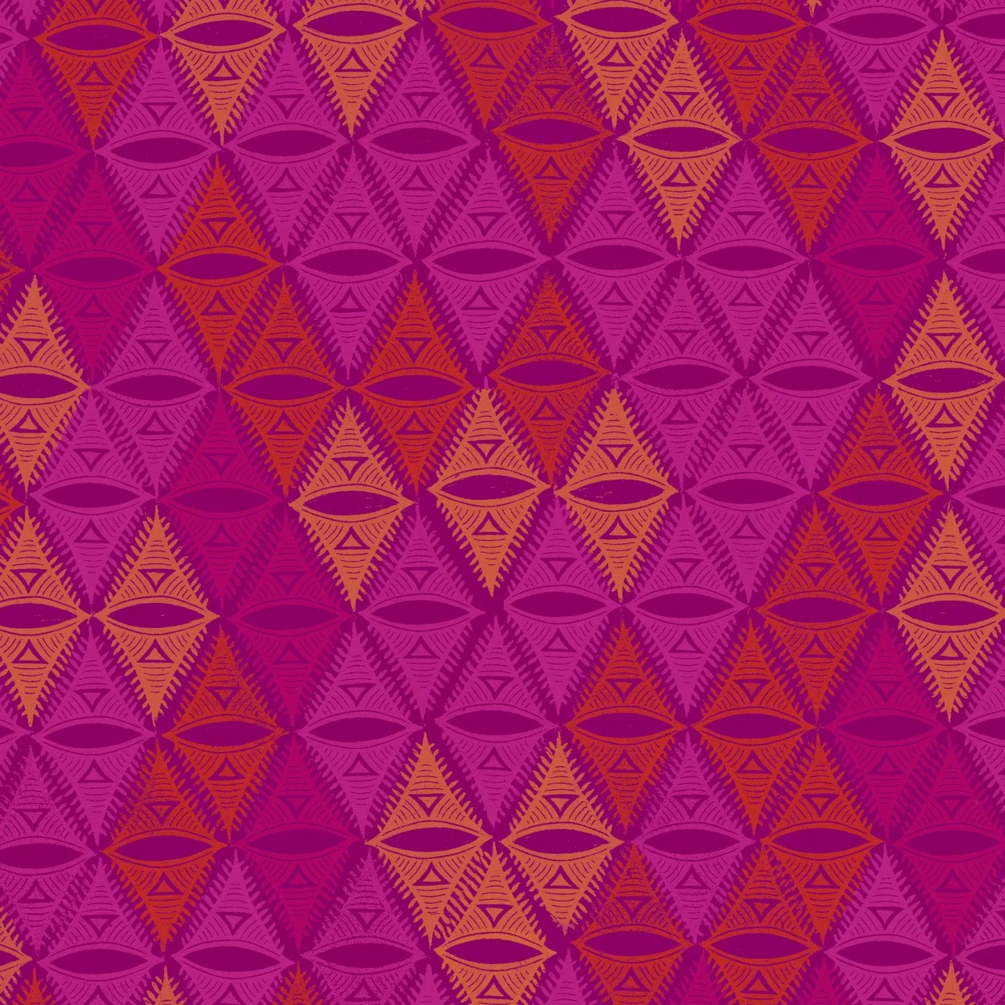  A bold, repeating, triangular motif rendered in magenta, orange, pink, and golden yellow.