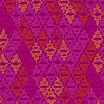  A bold, repeating, triangular motif rendered in magenta, orange, pink, and golden yellow.