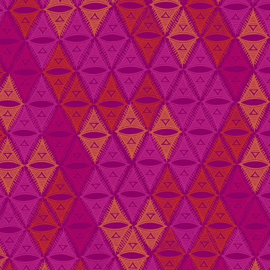  A bold, repeating, triangular motif rendered in magenta, orange, pink, and golden yellow.