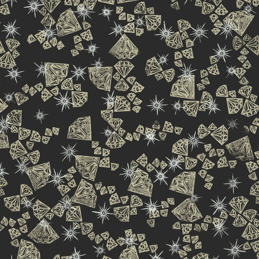 Pattern of gold diamonds and stars on a black background
