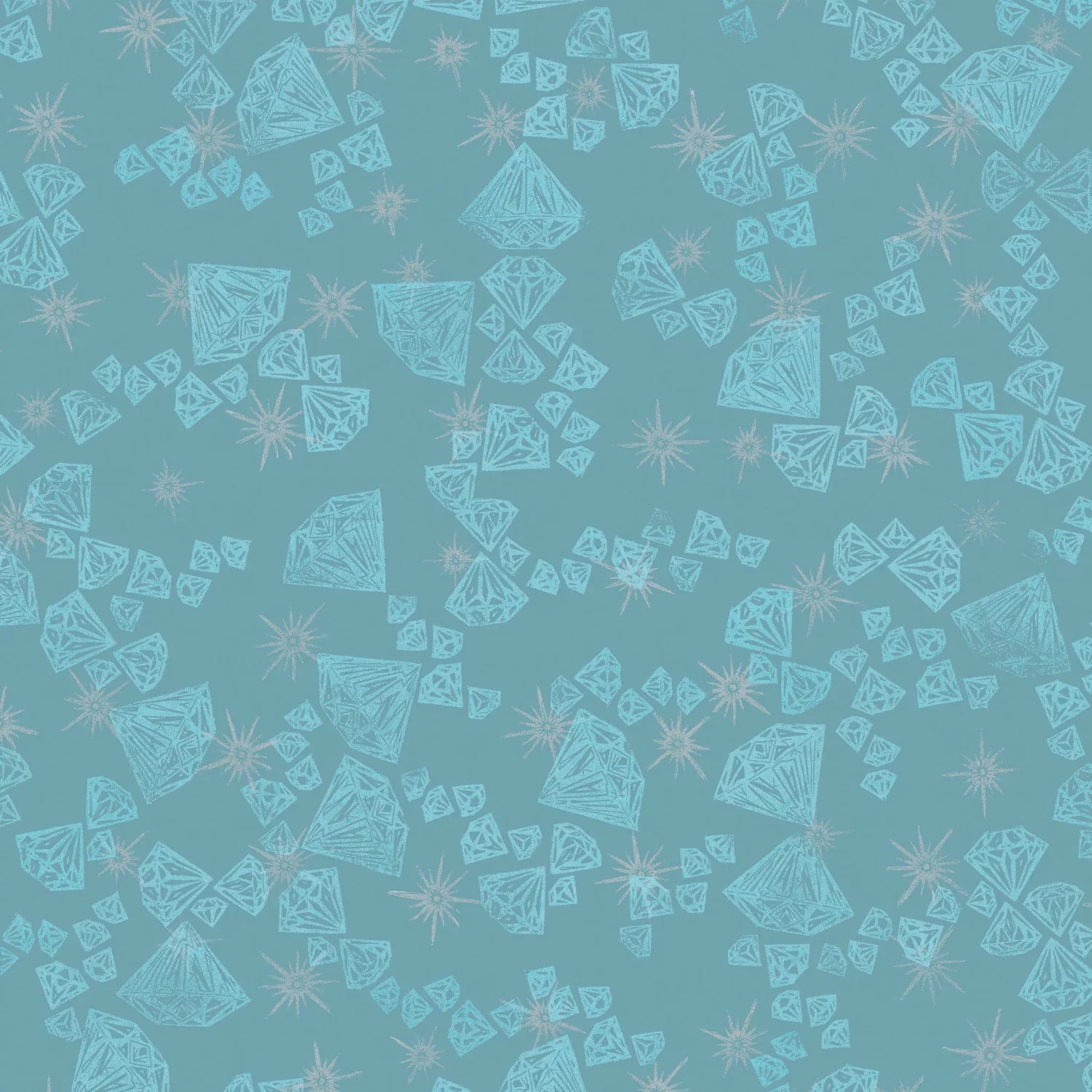 Pattern of aqua blue diamond shapes on a teal blue background accented with silver-grey sparkles.