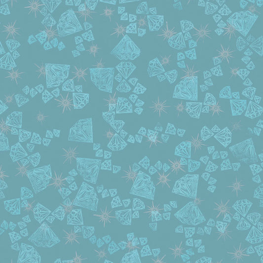 Pattern of aqua blue diamond shapes on a teal blue background accented with silver-grey sparkles.