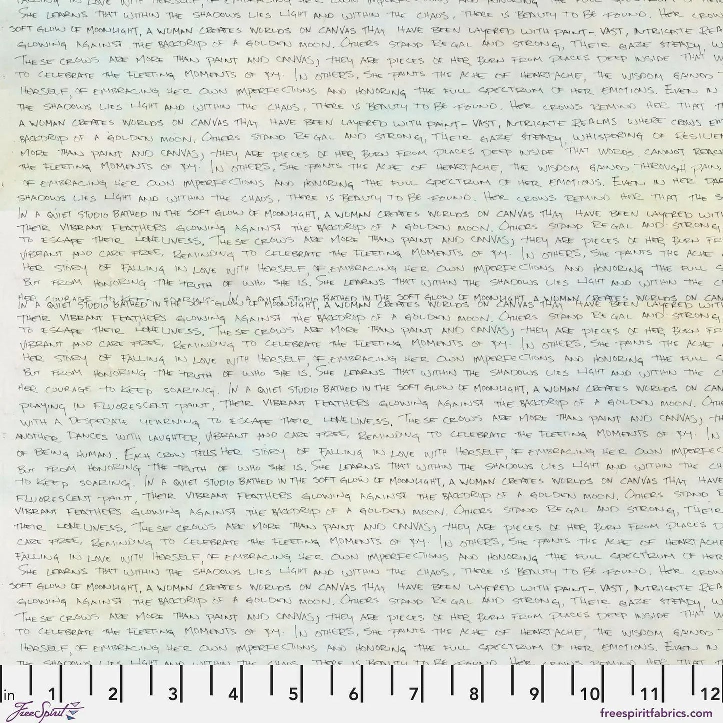 Handwritten text in black ink on a subtly blended white and blue-grey background. Ruler for scale.