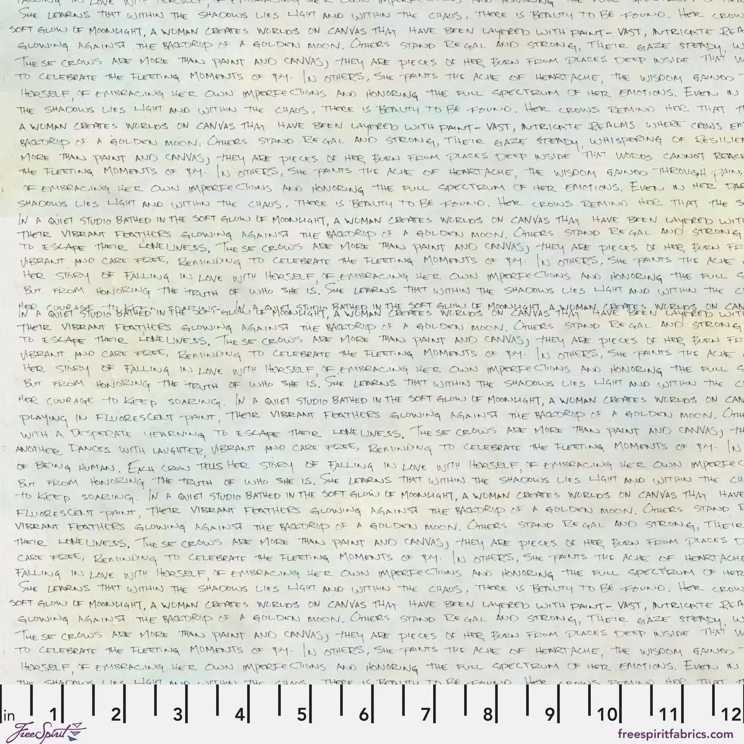 Handwritten text in black ink on a subtly blended white and blue-grey background. Ruler for scale.