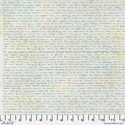 Handwritten text in black ink on a subtly blended white and blue-grey background. Ruler for scale.