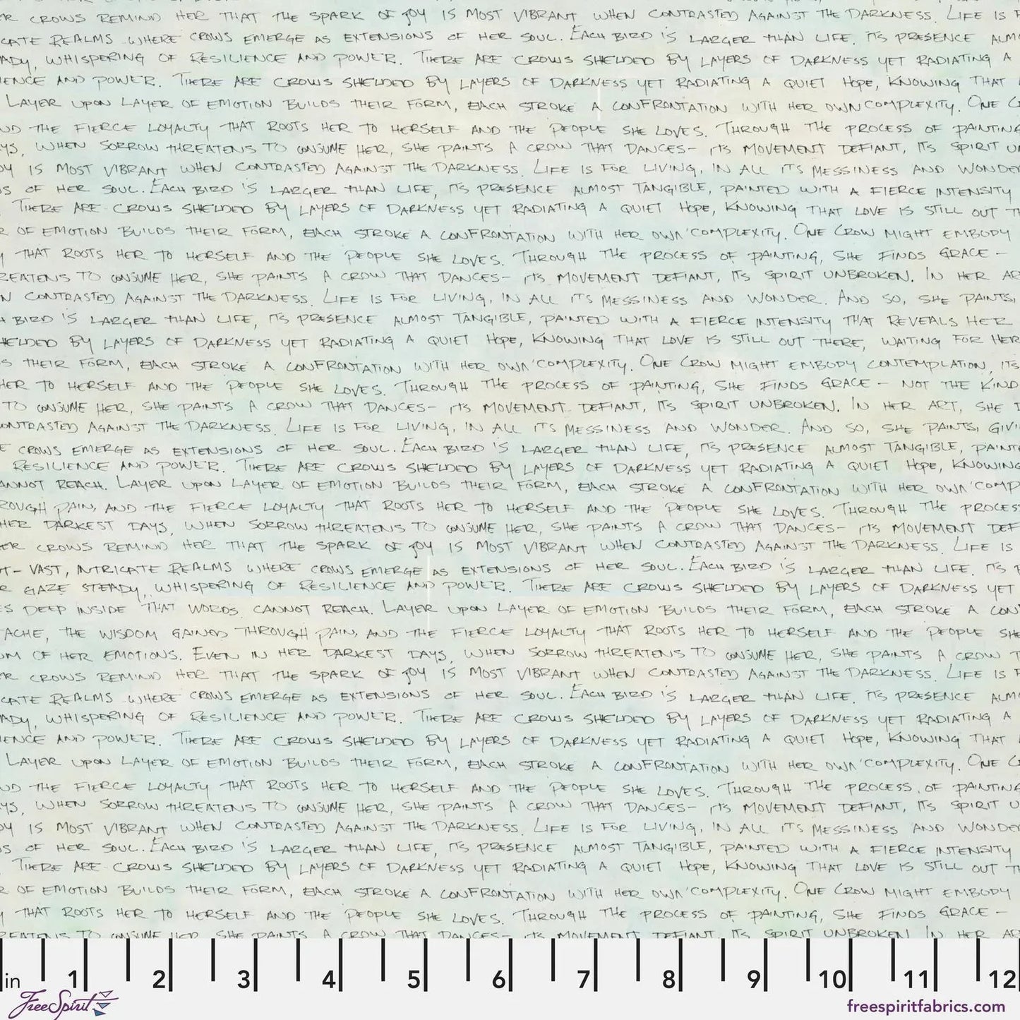 Handwritten text in black ink on a subtly blended white and blue-grey background. Ruler for scale.