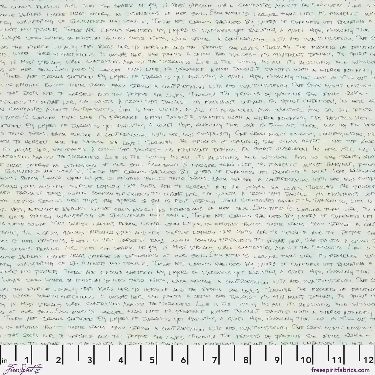 Handwritten text in black ink on a subtly blended white and blue-grey background. Ruler for scale.