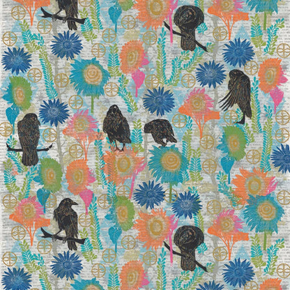 Colorful pattern with birds and flowers layered over handwritten script text.