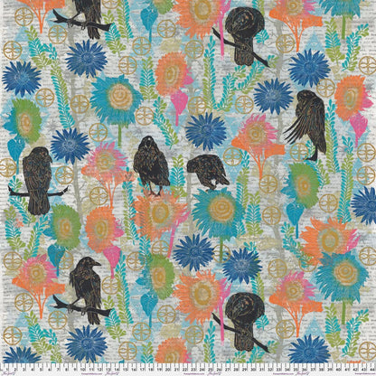 Colorful pattern with birds and flowers layered over handwritten script text with a ruler for scale.