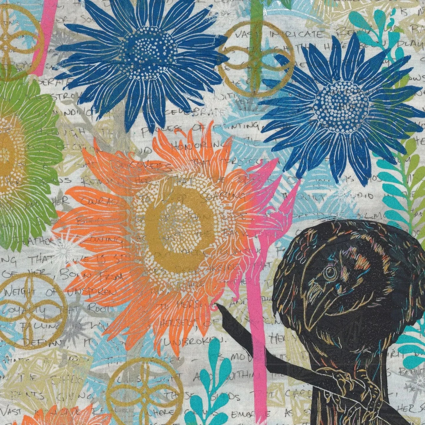 Colorful florals alongside dramatic crows, layered over handwritten script text.