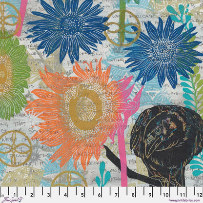 Colorful florals alongside dramatic crows, layered over handwritten script text with a ruler for scale.