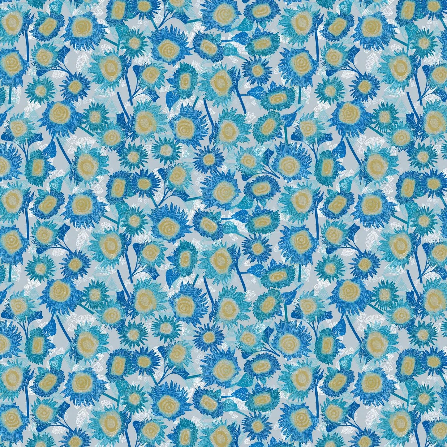 Pattern of blue and yellow flowers on a light blue background.