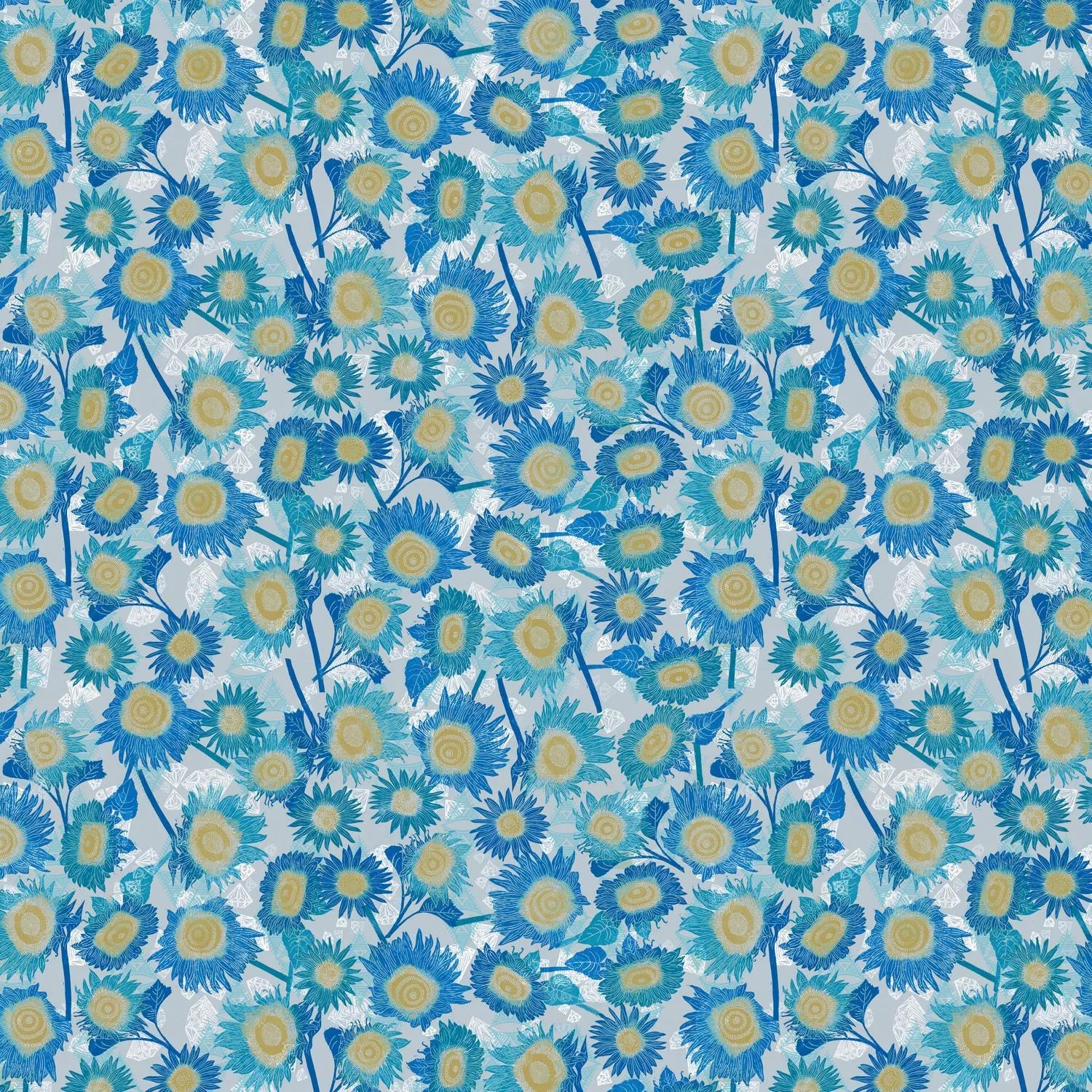 Pattern of blue and yellow flowers on a light blue background.
