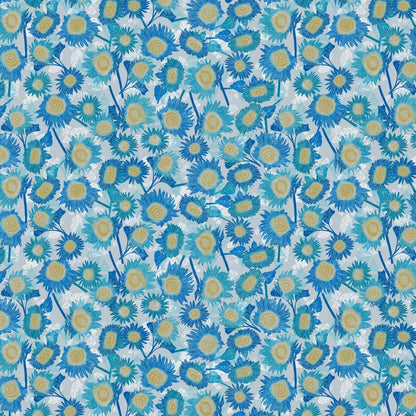 Pattern of blue and yellow flowers on a light blue background.