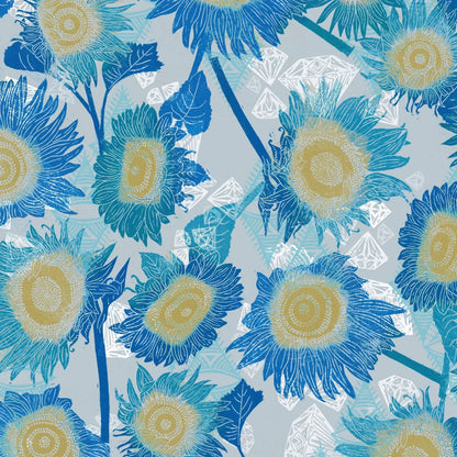 Pattern of blue and yellow flowers on a light blue background